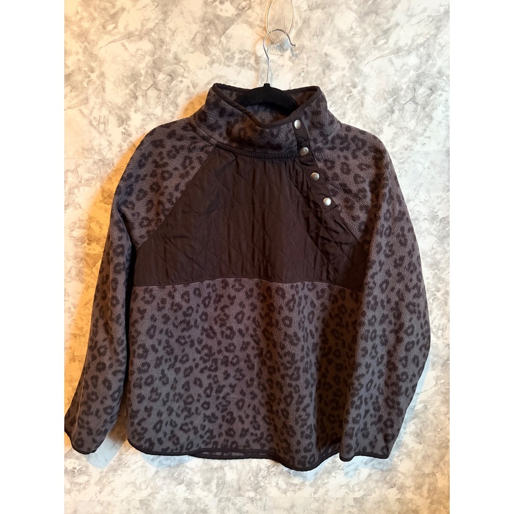 J.Crew Quilted Leopard Print Fleece Mock Neck Button Snap Sherpa Pullover L